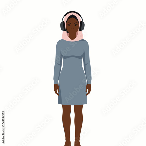 Woman Wearing Headphones and Hijab Standing Against White Background