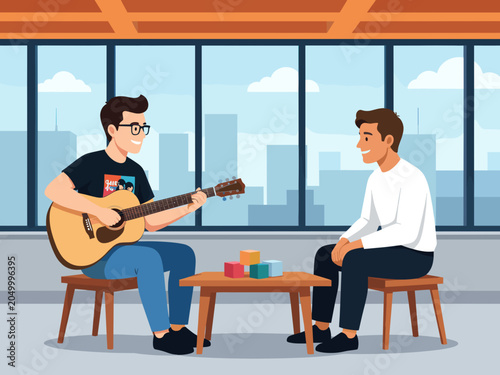 Young Man Playing Guitar While Seated with Friend in Modern Office