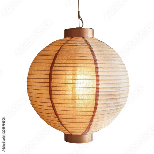 Spherical Chinese Lantern with Brown Wooden Elements on a Transparent Background Illuminated with a Warm Glowing Light