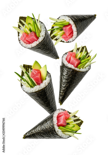 Sushi Hand Rolls with Tuna Avocado and Cucumber on Transparent Background