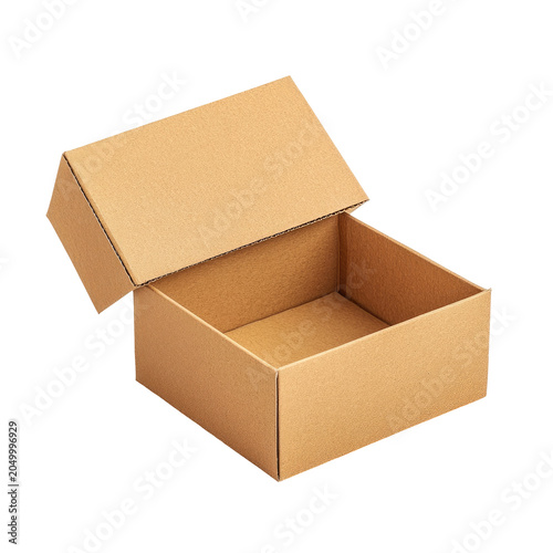 Open Textured Cardboard Box With Partially Lifted Lid Isolated On Transparent Background Displaying Empty Space For Products