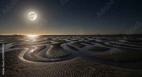 A wide sandy beach at low tide showing unique rippled patterns in the wet sand. A bright full moon shines in the dark night sky, casting a strong golden reflection across the water channels