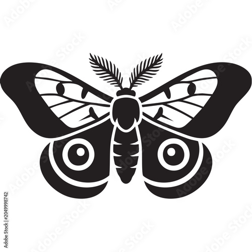 Polyphemus Moth Glyph Icon Black Silhouette Eyespot Bull's-Eye Flat Design Vector