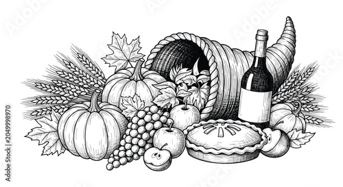 Tableau sur toile Classical black and white cornucopia engraving overflowing with a bountiful harvest of pumpkins, apples, grapes, and wine