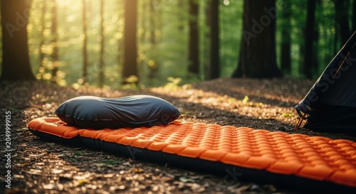 Camping sleeping pad and pillow in forest