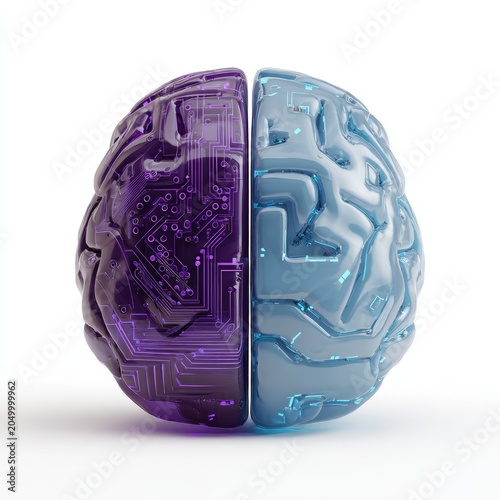 Abstract Brain Model Divided into Two Halves, One Purple and One Blue.