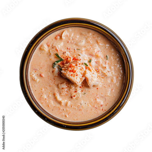 Creamy Crab Soup In A Rustic Bowl Garnished With Red Spice Isolated On Transparent Background