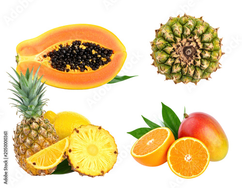 Assortment Of Tropical Fruits Including Papaya Pineapple Mango And Orange Slices Against Transparent Background