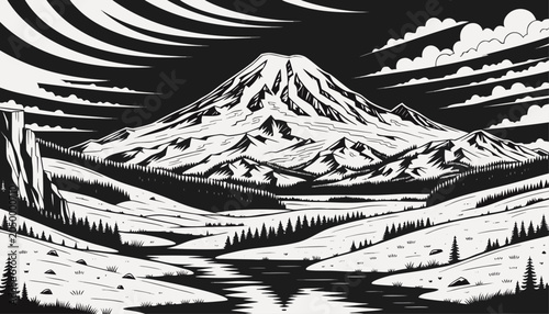 Konstfotografi Very beautiful black-and-white engraved vector illustration featuring Mount Rain