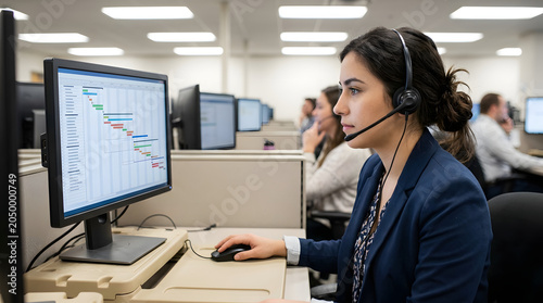 Professional woman wearing headset working on computer in call center office, managing project schedule on monitor for customer support service.