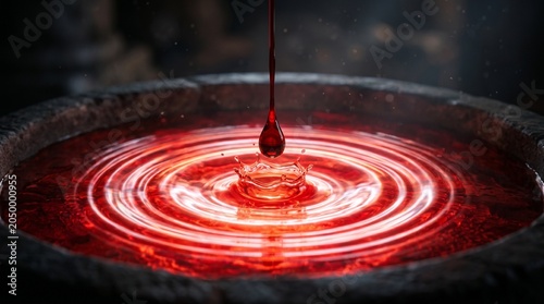A single drop of red liquid falling into water creating ripples