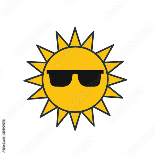 Cartoon sun icon wearing black sunglasses.