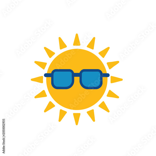 Cartoon yellow sun wearing blue sunglasses icon.