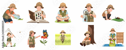 Billede på lærred Little boy explorer and entomologist character set, kid studying insects and nature illustration collection