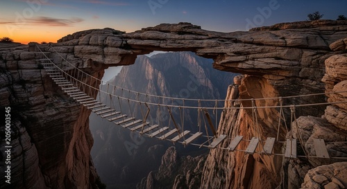 A shaky wooden footbridge spanning across a deep canyon, situated directly underneath a massive natural rock arch bridge during a scenic sunset