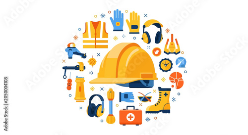 Occupational Health and Safety Equipment Icons Set with Hard Hat, Safety Vest, and Protective Gear in a Circular Flat Design Composition