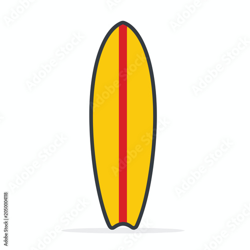 Minimalist vector illustration of a yellow surfboard with a red stripe.