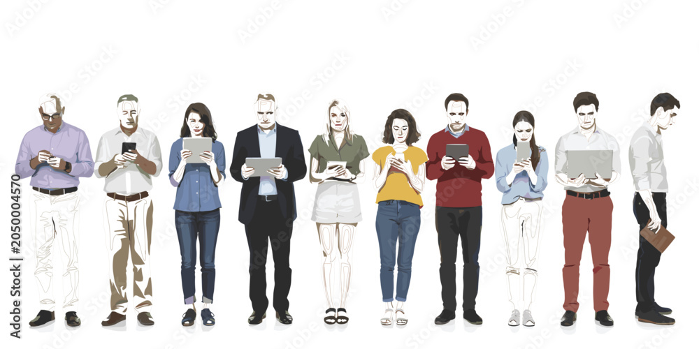 Obraz premium Diverse group of multiethnic people standing in a row using smartphones tablets and laptops digital technology communication and social media connection vector