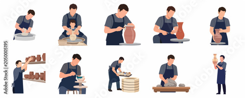 Pottery workshop flat illustrations showing the process of creating ceramic art with a potter and a child.