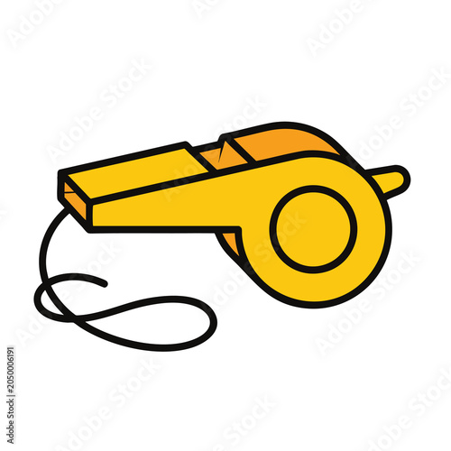 Illustration of a bright yellow whistle with a black cord.