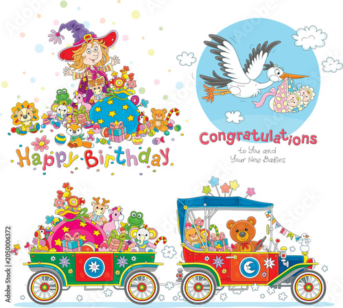 Greeting cards with a teddy bear in a toy retro car with presents, a cute little girl among gifts and a white stork carrying a newborn baby, a set of vector cartoon illustrations