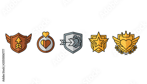Set of five colorful video game ranking badges features shields, stars, and hearts to denote different levels of achievement.