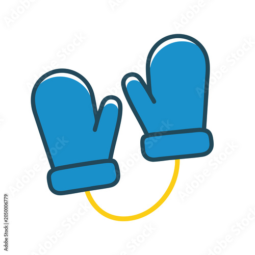 A pair of blue winter mittens connected by a yellow string.