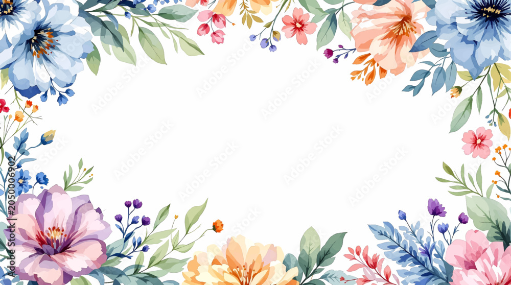 Obraz premium Charming Flower Frame with Delicate Flowers and Leaves in Watercolor Style