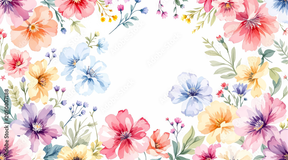 Obraz premium Floral Flower Frame with Romantic Watercolor Blossoms and Elegant Garden Elements