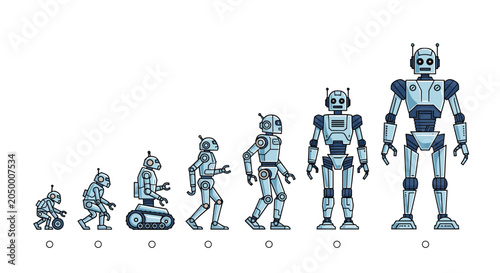 Photos Conceptual illustration showing the evolution of robots from basic mechanical designs to a fully advanced humanoid robot