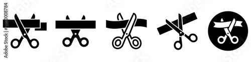 Grand opening ribbon cutting ceremony icon set with scissors