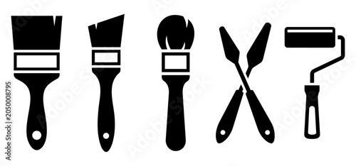 Foto Painting tools icon set with paintbrush, roller, and palette knife silhouettes