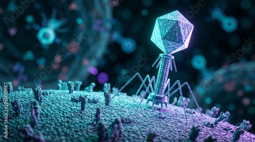 3D Illustration of Bacteriophage Virus Infecting Bacterial Cell Surface