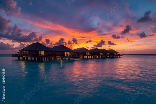 Overwater bungalows in the maldives at sunset