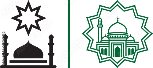Photos Islamic mosque icons with dome minaret and star for religious branding and holid