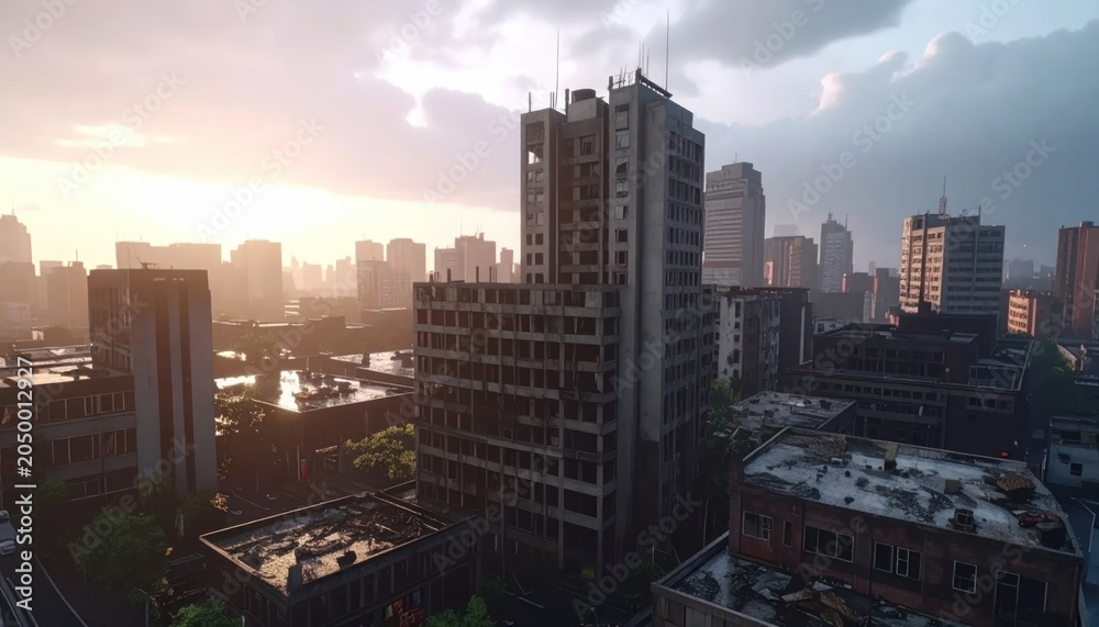 Obraz premium Abandoned post-apocalyptic cityscape with ruined concrete buildings.
