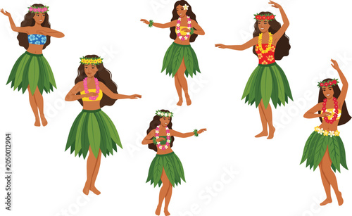 Flat vector illustration of Hawaiian hula dancers in traditional leaf skirts for tropical design