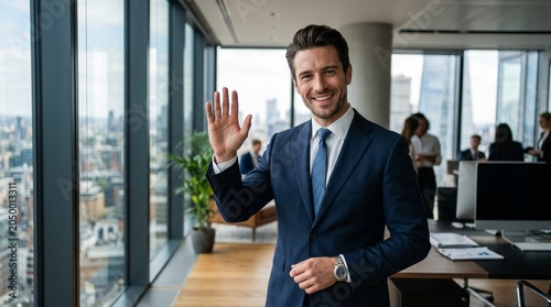 Elegant Businessman Saying Hi in Modern Corporate Office