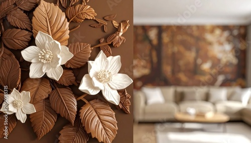 3D white and brown floral leaf sculpture wall texture.
