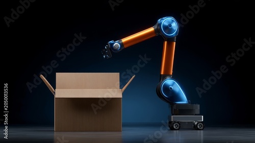 Robotic arm handles cardboard box with precision