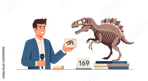 Tableau sur toile Museum presenter with dinosaur skeleton, history, education, presentation