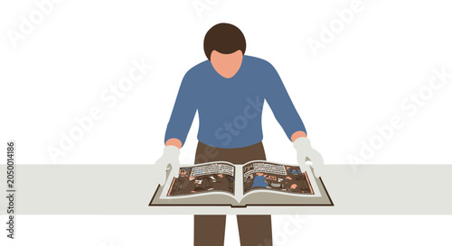 Obraz na plátně Person in white gloves examining an open book with illustrations
