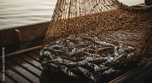 Fresh catch of silver fish in woven basket on wooden boat deck