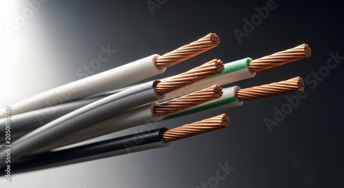 Electrical wiring cables with exposed copper conductors close up view