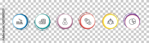 outline business icons set - sleepy worker at work, stacks of coins, money sack, pie chart statistics. editable vector for web and mobile ui