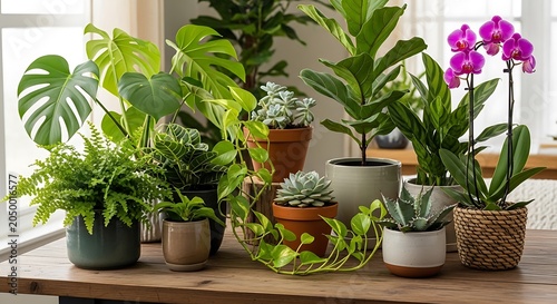Variety of houseplants on wooden table.