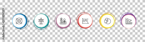 Photos outline business icons set - item interconnections, scale in balance, bank teller, deficit