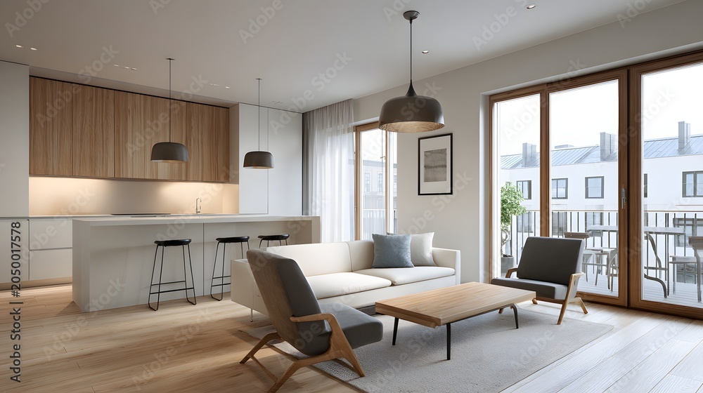Fototapeta premium Modern Japanese inspired apartment interior with clean white walls, wooden accents, abundant daylight