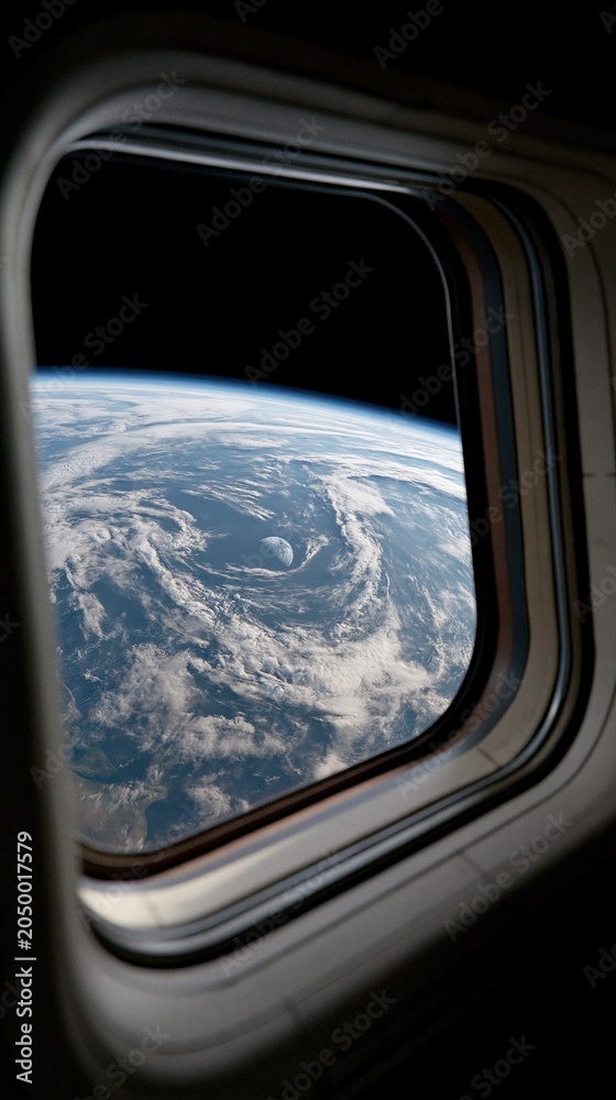 Naklejka premium View of planet Earth with huge rotating hurricane and moon from spaceship porthole in outer space exploration astronomy and space travel concept