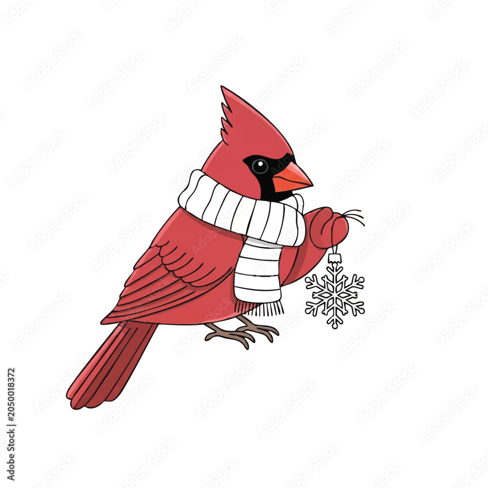 Fototapeta premium Red cardinal wearing a scarf holding a snowflake ornament